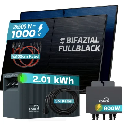 SUNNIVA® 1000W Balkonkraftwerk mit 2,01 kWh Speicher TSUN TSOL SOLARCAN & 800W Wechselrichter, BIFAZIAL FULLBLACK komplett Steckdose, PV Solaranlage Komplettset mit Solarspeicher, 2x500W N-Type Glas
