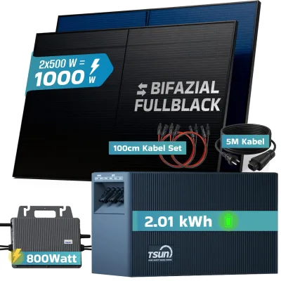 SUNNIVA® 1000W Balkonkraftwerk mit 2,01 kWh Speicher TSUN SOLARCAN  TSOL-DCU2000Lite, BIFAZIAL FULLBLACK komplett Steckdose, PV Solaranlage Komplettset mit Solarspeicher, 2x 500W Glas-Bifacial
