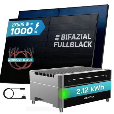 SUNNIVA® 1000W Balkonkraftwerk mit 2,12 kWh Speicher Marstek Venus A & 800W Wechselrichter, BIFAZIAL FULLBLACK komplett Steckdose, PV Solaranlage Komplettset Solarspeicher, 2x500W N-Type Glas