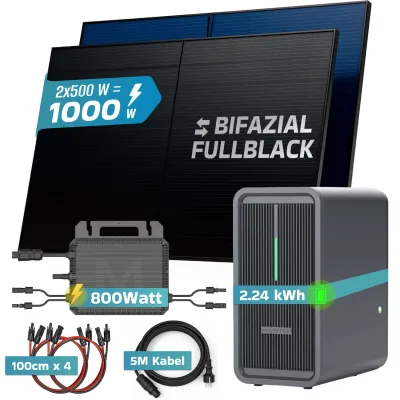 SUNNIVA® 1000W Balkonkraftwerk mit 2,24 kWh Speicher Marstek B2500-D & 800W Wechselrichter, BIFAZIAL FULLBLACK komplett Steckdose, PV Solaranlage Komplettset mit Solarspeicher, 2x 500W N-Type Glas