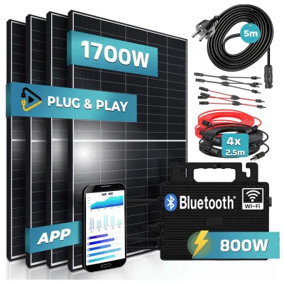 SUNNIVA® 1700W Balkonkraftwerk 800W komplett Steckdose - Astro-Energy 800W Micro Wechselrichter - PV Solaranlage Komplettset, 4x 425W (1700W) Solarmodule, inkl.5m Kabel, Y-Verteiler, Bluetooth, WIFI