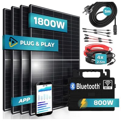 SUNNIVA® 1800W Balkonkraftwerk 800W komplett Steckdose - Astro Energy 800W Wechselrichter - PV Solaranlage Komplettset - 4x 450W (1800W) Solarmodule - inkl. 5m Kabel - Bluetooth, WIFI