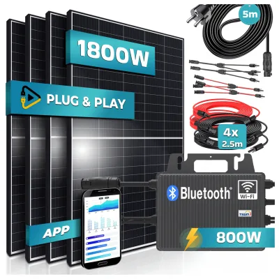 SUNNIVA® 1800W Balkonkraftwerk 800W komplett Steckdose - TSUN 800W Wechselrichter - PV Solaranlage Komplettset - 4x 450W (1800W) Solarmodule - inkl. 5m Kabel - Bluetooth, WIFI