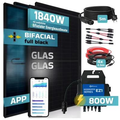 SUNNIVA® 1840W Balkonkraftwerk mit 2000W Wechselrichter AP SYSTEMS, BIFAZIAL FULLBLACK komplett Steckdose, PV Solaranlage Komplettset mit 5m Anschlusskabel und 4x2.5m Solarkabel, 4x 460W N-Type Glas-Glas