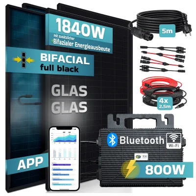 SUNNIVA® 1840W Balkonkraftwerk mit 800W Wechselrichter ASTRO-E, BIFAZIAL FULLBLACK komplett Steckdose, PV Solaranlage Komplettset mit 5m Anschlusskabel und 4x2.5m Solarkabel, 4x 460W N-Type Glas-Glas