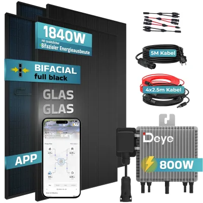 SUNNIVA® 1840W Balkonkraftwerk mit 800W Wechselrichter DEYE, BIFAZIAL FULLBLACK komplett Steckdose, PV Solaranlage Komplettset mit 5m Anschlusskabel und 4x2.5m Solarkabel, 4x 460W N-Type Glas-Glas