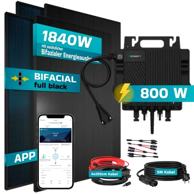 SUNNIVA® 1840W Balkonkraftwerk mit 800W Wechselrichter GROWATT, BIFAZIAL FULLBLACK komplett Steckdose, PV Solaranlage Komplettset mit 5m Anschlusskabel und 4x2.5m Solarkabel, 4x 460W N-Type Glas-Glas