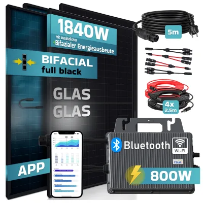 SUNNIVA® 1840W Balkonkraftwerk mit 800W Wechselrichter TSUN, BIFAZIAL FULLBLACK komplett Steckdose, PV Solaranlage Komplettset mit 5m Anschlusskabel und 4x2.5m Solarkabel, 4x 460W N-Type Glas-Glas