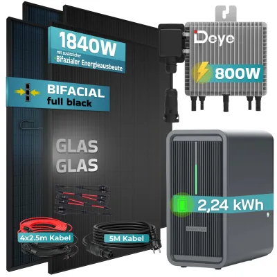 SUNNIVA® 1840W Balkonkraftwerk mit 2,24 kWh Speicher Marstek B2500-D & 800W Deye Wechselrichter, BIFAZIAL FULLBLACK komplett Steckdose, PV Solaranlage Komplettset mit Solarspeicher, 4x460W N-Type Glas