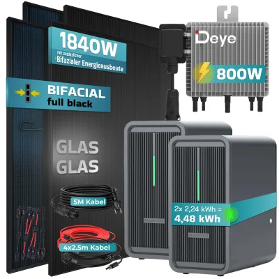 SUNNIVA® 1840W Balkonkraftwerk mit 4,48 kWh Speicher Marstek B2500-D & 800W Deye Wechselrichter, BIFAZIAL FULLBLACK komplett Steckdose, PV Solaranlage Komplettset mit Solarspeicher, 4x460W N-Type Glas