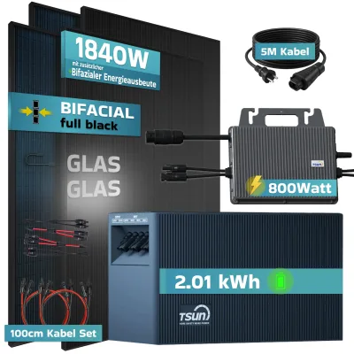 SUNNIVA® 1840W Balkonkraftwerk mit 2,01 kWh Speicher TSUN SOLARCAN TSOL-DCU2000Lite, BIFAZIAL FULLBLACK komplett Steckdose, PV Solaranlage Komplettset mit Solarspeicher, 4x 460W Glas-Glas Bifacial