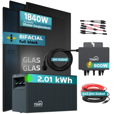 SUNNIVA® 1840W Balkonkraftwerk mit 2,01 kWh Speicher TSUN TSOL SOLARCAN & 800W Wechselrichter, BIFAZIAL FULLBLACK komplett Steckdose, PV Solaranlage Komplettset mit Solarspeicher, 4x460W N-Type Glas