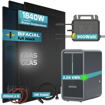 SUNNIVA® 1840W Balkonkraftwerk mit 2,24 kWh Speicher Marstek B2500-D & 800W Wechselrichter, BIFAZIAL FULLBLACK komplett Steckdose, PV Solaranlage Komplettset mit Solarspeicher, 4x460W N-Type Glas-Glas
