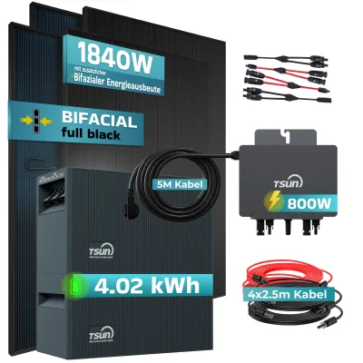 SUNNIVA® 1840W Balkonkraftwerk mit 4,02 kWh Speicher TSUN TSOL SOLARCAN & 800W Wechselrichter, BIFAZIAL FULLBLACK komplett Steckdose, PV Solaranlage Komplettset mit Solarspeicher, 4x460W N-Type Glas