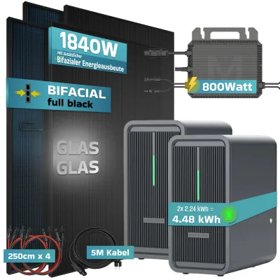 SUNNIVA® 1840W Balkonkraftwerk mit 4,48 kWh Speicher Marstek B2500-D & 800W Wechselrichter, BIFAZIAL FULLBLACK komplett Steckdose, PV Solaranlage Komplettset mit Solarspeicher, 4x460W N-Type Glas-Glas
