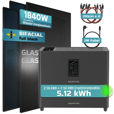 SUNNIVA® 1840W Balkonkraftwerk mit 5,12 kWh Speicher Marstek Jupiter C Plus & 800W Wechselrichter, BIFAZIAL FULLBLACK komplett Steckdose, PV Solaranlage Komplettset Solarspeicher, 4x460W N-Type Glas