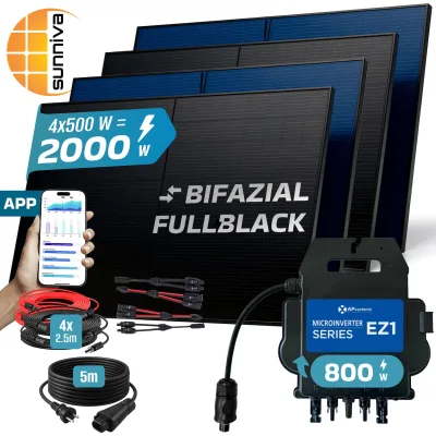 SUNNIVA® 2000W Balkonkraftwerk mit 800W Wechselrichter AP SYSTEMS, BIFAZIAL FULLBLACK komplett Steckdose, PV Solaranlage Komplettset mit 5 m Anschlusskabel und 4x 2.5m Solarkabel, 4x 500W N-Type Glas