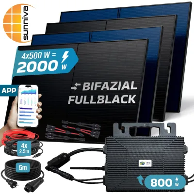 SUNNIVA® 2000W Balkonkraftwerk mit 800W Wechselrichter ASTRO-E, BIFAZIAL FULLBLACK komplett Steckdose, PV Solaranlage Komplettset mit 5 m Anschlusskabel und 4x 2.5m Solarkabel, 4x 500W N-Type Glas