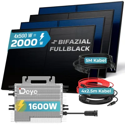SUNNIVA® 2000W Balkonkraftwerk mit 1600W Wechselrichter DEYE, BIFAZIAL FULLBLACK komplett Steckdose, PV Solaranlage Komplettset mit 5 m Anschlusskabel und 4x 2.5m Solarkabel, 4x 500W N-Type Glas