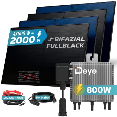 SUNNIVA® 2000W Balkonkraftwerk mit 800W Wechselrichter DEYE, BIFAZIAL FULLBLACK komplett Steckdose, PV Solaranlage Komplettset mit 5 m Anschlusskabel und 4x 2.5m Solarkabel, 4x 500W N-Type Glas