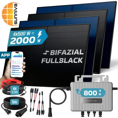 SUNNIVA® 2000W Balkonkraftwerk mit 800W Wechselrichter ECOFLOW, BIFAZIAL FULLBLACK komplett Steckdose, PV Solaranlage Komplettset mit 5 m Anschlusskabel und 4x 2.5m Solarkabel, 4x 500W N-Type Glas
