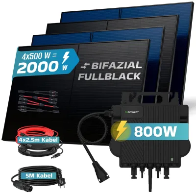 SUNNIVA® 2000W Balkonkraftwerk BIFAZIAL FULLBLACK komplett Steckdose GROWATT NEO-800M-X 800 Watt Wechselrichter, Solaranlage Komplettset, 4x 500W N-Type Glas Bifacial Solarmodule, 5m Kabel