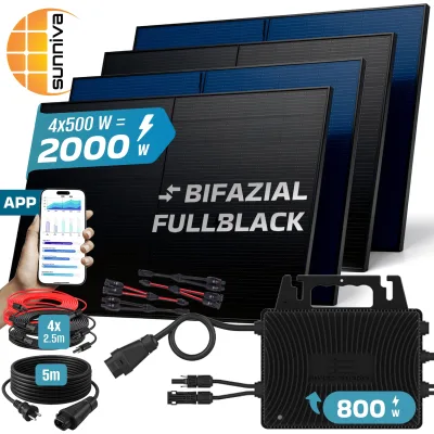 SUNNIVA® 2000W Balkonkraftwerk BIFAZIAL FULLBLACK komplett Steckdose INVER ENERGY 800W Wechselrichter, PV Solaranlage, 4x 500W Glas Solarmodule, inkl. 5m Kabel, Bluetooth WIFI, Komplettset