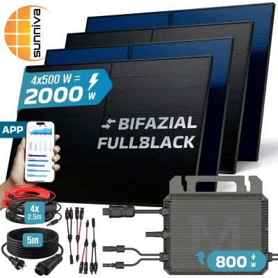 SUNNIVA® 2000W Balkonkraftwerk mit 800W Wechselrichter MARSTEK, BIFAZIAL FULLBLACK komplett Steckdose, PV Solaranlage Komplettset mit 5 m Anschlusskabel und 4x 2.5m Solarkabel, 4x 500W N-Type Glas