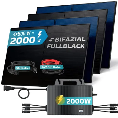 SUNNIVA® 2000W Balkonkraftwerk mit 2000W Wechselrichter TSUN, BIFAZIAL FULLBLACK komplett Steckdose, PV Solaranlage Komplettset mit 5 m Anschlusskabel und 4x 2.5m Solarkabel, 4x 500W N-Type Glas