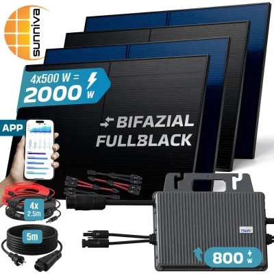 SUNNIVA® 2000W Balkonkraftwerk mit 800W Wechselrichter TSUN, BIFAZIAL FULLBLACK komplett Steckdose, PV Solaranlage Komplettset mit 5 m Anschlusskabel und 4x 2.5m Solarkabel, 4x 500W N-Type Glas