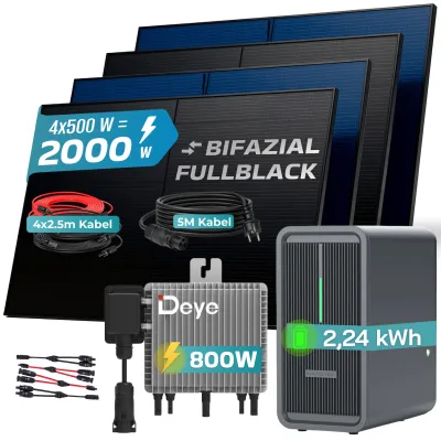 SUNNIVA® 2000W Balkonkraftwerk Deye mit 2,24 kWh Speicher MARSTEK B2500-D, BIFAZIAL FULLBLACK komplett Steckdose, PV Solaranlage Komplettset mit Solarspeicher, 4x 500W N-Type Glas Bifacial Module