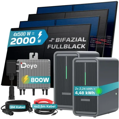 SUNNIVA® 2000W Balkonkraftwerk mit 4,48 kWh Speicher Marstek B2500-D & 800W Deye Wechselrichter, BIFAZIAL FULLBLACK komplett Steckdose, PV Solaranlage Komplettset mit Solarspeicher, 4x500W N-Type Glas