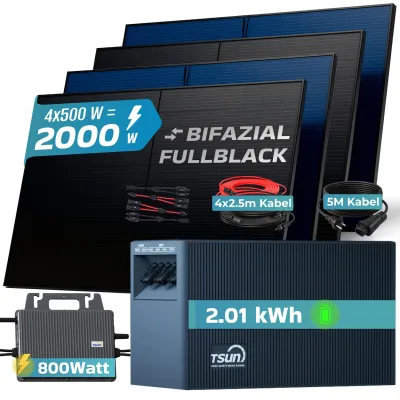 SUNNIVA® 2000W Balkonkraftwerk mit 2,01 kWh Speicher TSUN SOLARCAN TSOL-DCU2000Lite, BIFAZIAL FULLBLACK komplett Steckdose, PV Solaranlage Komplettset mit Solarspeicher, 4x 500W Glas-Bifacial
