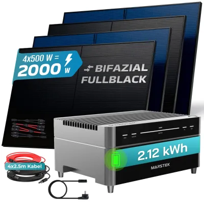 SUNNIVA® 2000W Balkonkraftwerk mit 2,12 kWh Speicher Marstek Venus A & 800W Wechselrichter, BIFAZIAL FULLBLACK komplett Steckdose, PV Solaranlage Komplettset Solarspeicher, 4x500W N-Type Glas