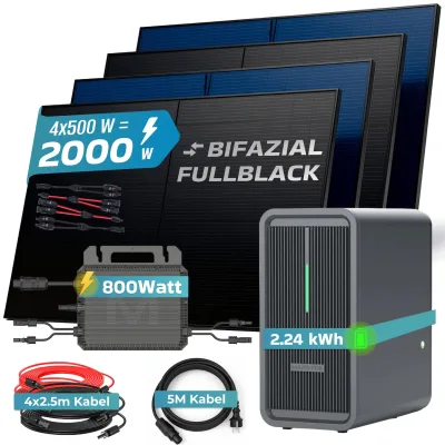 SUNNIVA® 2000W Balkonkraftwerk mit 2,24 kWh Speicher Marstek B2500-D & 800W Wechselrichter, BIFAZIAL FULLBLACK komplett Steckdose, PV Solaranlage Komplettset mit Solarspeicher, 4x 500W N-Type Glas