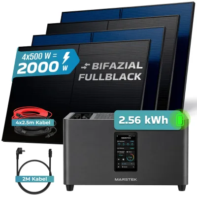 SUNNIVA® 2000W Balkonkraftwerk mit 2,56 kWh Speicher Marstek Jupiter C Plus & 800W Wechselrichter, BIFAZIAL FULLBLACK komplett Steckdose, PV Solaranlage Komplettset Solarspeicher, 4x500W N-Type Glas