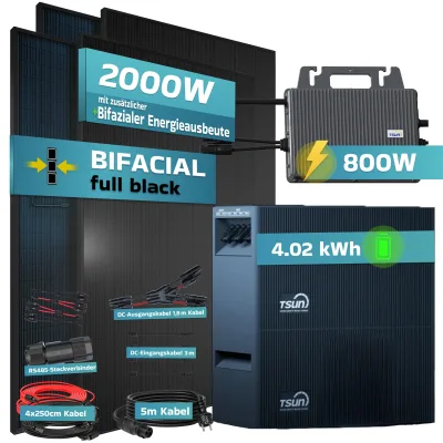 SUNNIVA® 2000W Balkonkraftwerk mit 4,02 kWh Speicher TSUN SOLARCAN TSOL-DCU2000Lite, BIFAZIAL FULLBLACK komplett Steckdose, PV Solaranlage Komplettset mit Solarspeicher, 4x 500W Glas-Bifacial