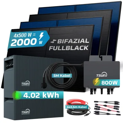 SUNNIVA® 2000W Balkonkraftwerk mit 4,02 kWh Speicher TSUN TSOL SOLARCAN & 800W Wechselrichter, BIFAZIAL FULLBLACK komplett Steckdose, PV Solaranlage Komplettset mit Solarspeicher, 4x500W N-Type Glas