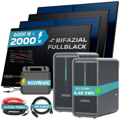 SUNNIVA® 2000W Balkonkraftwerk mit 4,48 kWh Speicher Marstek B2500-D & 800W Wechselrichter, BIFAZIAL FULLBLACK komplett Steckdose, PV Solaranlage Komplettset mit Solarspeicher, 4x 500W N-Type Glas