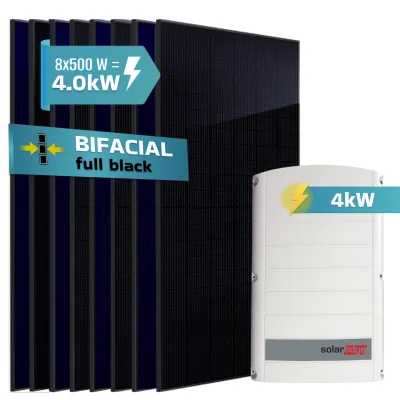SUNNIVA® 4.0 kW Solaranlage, 8x 500 W Solarmodule Fullblack Bifacial, Wechselrichter SolarEdge SE4K (3-phasig)