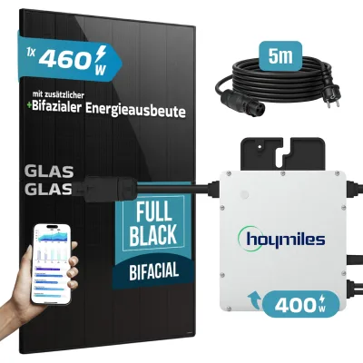 SUNNIVA® 460W Balkonkraftwerk BIFAZIAL FULLBLACK komplett Steckdose HOYMILES 400 Watt Wechselrichter, PV Solaranlage Komplettset, 1x 460W N-Type Glas-Glas Bifacial Solarmodule, 5m Kabel