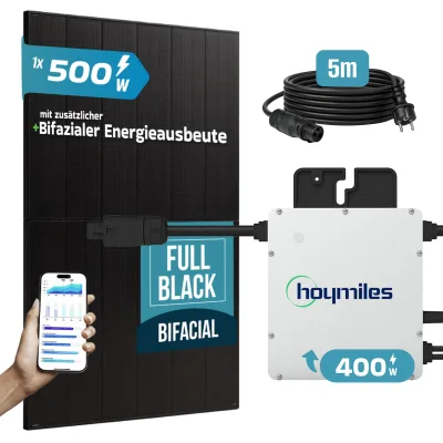 SUNNIVA® 500W Balkonkraftwerk BIFAZIAL FULLBLACK komplett Steckdose HOYMILES 400 Watt Wechselrichter, PV Solaranlage Komplettset, 1x 500W N-Type Glas Bifacial Solarmodule, 5m Kabel