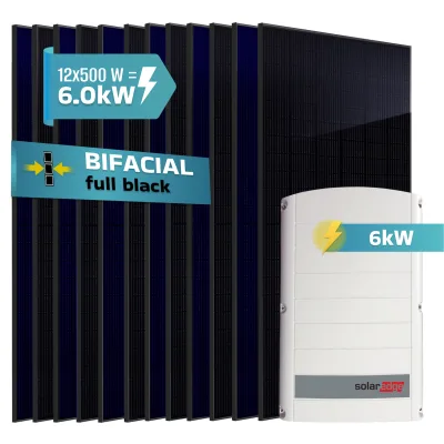 SUNNIVA® 6.0 kW Solaranlage, 12x 500 W Solarmodule Fullblack Bifacial, Wechselrichter SolarEdge SE6K (3-phasig)