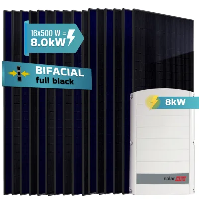 SUNNIVA® 8.0 kW Solaranlage, 16x 500 W Solarmodule Fullblack Bifacial, Wechselrichter SolarEdge SE8K (3-phasig)