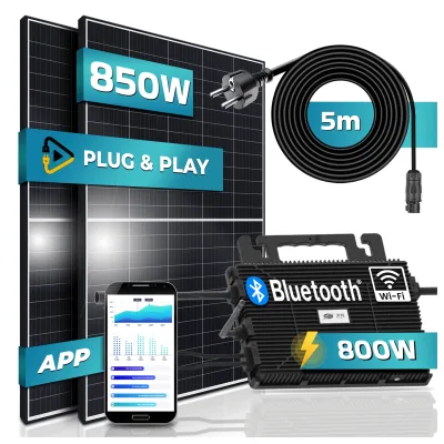 SUNNIVA® 850W Balkonkraftwerk 800W komplett Steckdose - Astro-Energy 800W Micro Wechselrichter - PV Solaranlage Komplettset - 2x 425W (850W) Solarmodule - inkl. 5m Kabel - Bluetooth, WIFI