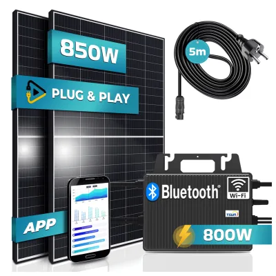 SUNNIVA® 850W Balkonkraftwerk 800W komplett Steckdose - TSUN 800W Wechselrichter - PV Solaranlage Komplettset - 2x 425W Solarmodule - inkl. 5m Kabel - Bluetooth WIFI