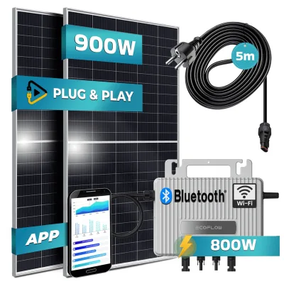 SUNNIVA® 900W Balkonkraftwerk 800W komplett Steckdose - Ecoflow Stream 800W Wechselrichter - PV Solaranlage Komplettset - 2x 450W (900W) Solarmodule - inkl. 5m Kabel - Bluetooth, WIFI