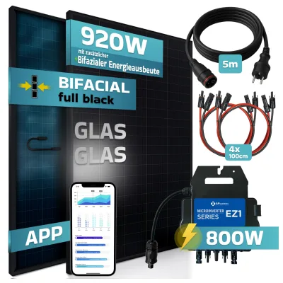 SUNNIVA® 920W Balkonkraftwerk mit 800W Wechselrichter AP SYSTEMS, BIFAZIAL FULLBLACK komplett Steckdose, PV Solaranlage Komplettset mit 5 m Anschlusskabel und 4x 1m Solarkabel, 2x460W N-Type Glas-Glas