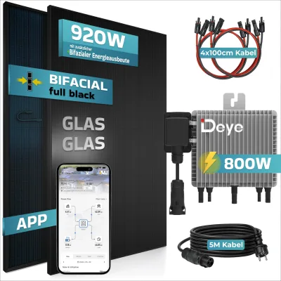 SUNNIVA® 920W Balkonkraftwerk mit 800W Wechselrichter DEYE, BIFAZIAL FULLBLACK komplett Steckdose, PV Solaranlage Komplettset mit 5 m Anschlusskabel und 4x 1m Solarkabel, 2x 460W N-Type Glas-Glas