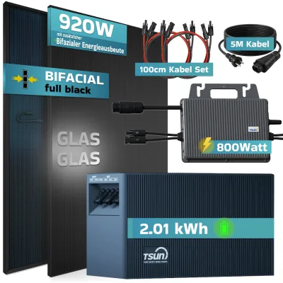 SUNNIVA® 920W Balkonkraftwerk mit 2,01 kWh Speicher TSUN SOLARCAN TSOL-DCU2000Lite, BIFAZIAL FULLBLACK komplett Steckdose, PV Solaranlage Komplettset mit Solarspeicher, 2x 460W Glas-Glas Bifacial